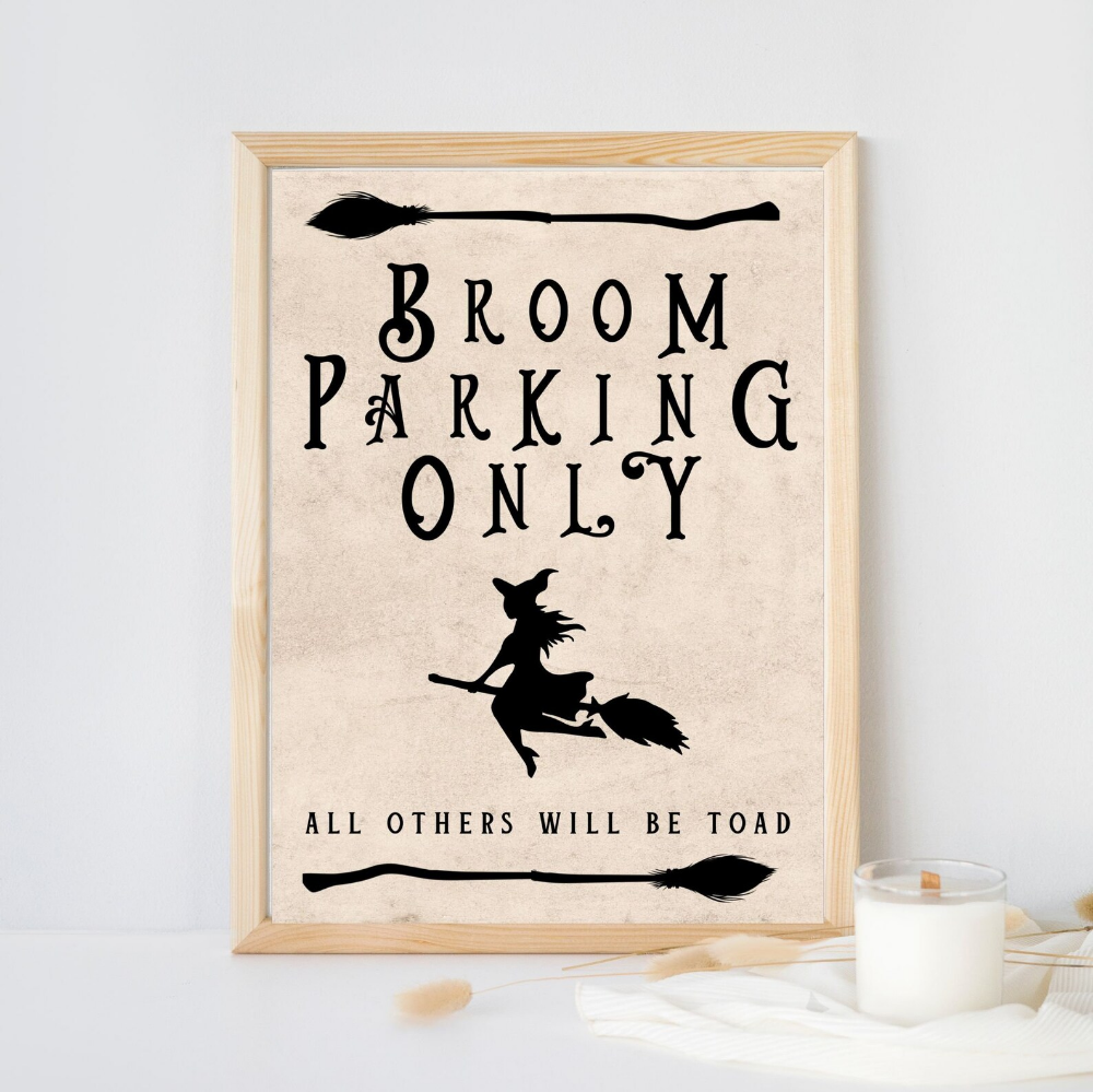 Witches broom parking only printable sign for Halloween