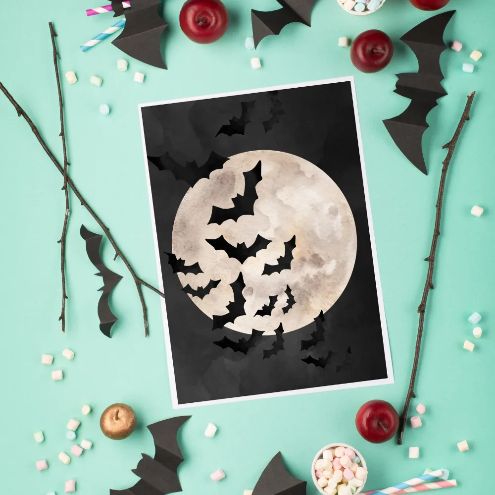 Spooky full moon and black bats Halloween printable