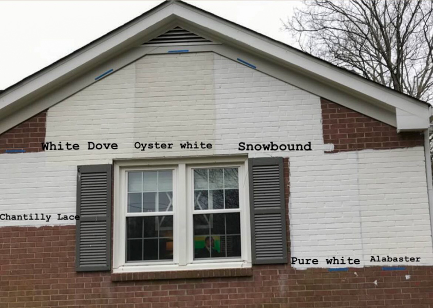 Sherwin Williams exterior white paint colors painted on brick.  Oyster white, snowbound, alabaster, and pure white