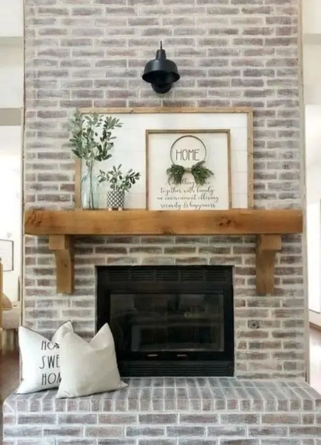 Light german schmear brick fireplace