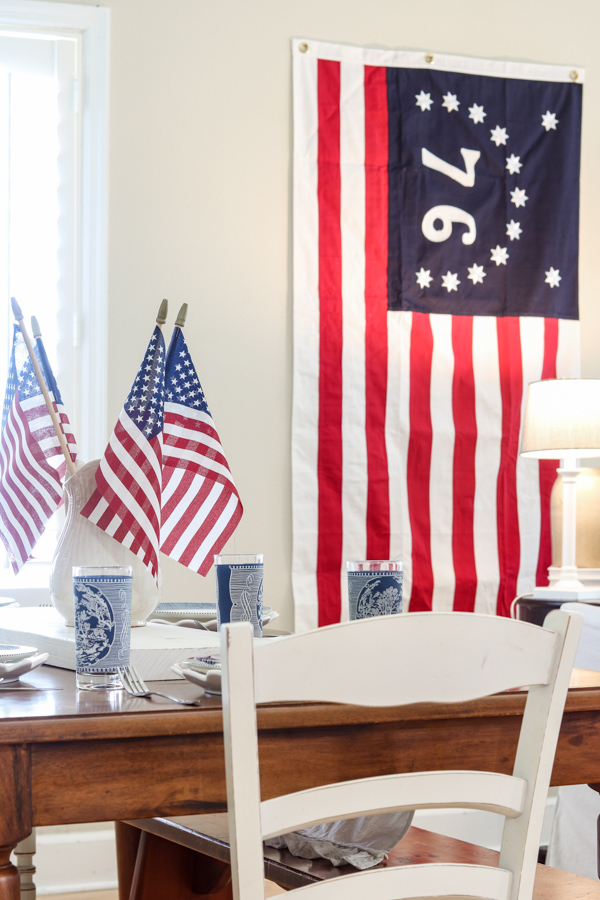 Vintage 4th of July tablescape with Bennington flag in background