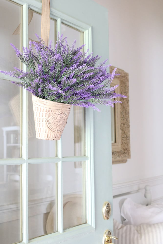 Dried lavender basket wreath on a front door