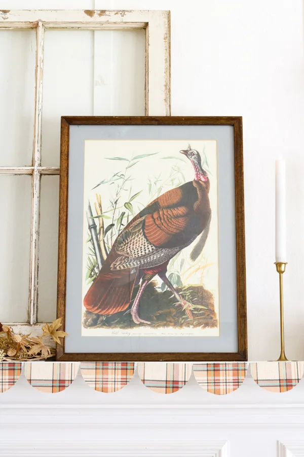 Audubon turkey art for fall decorating on a fireplace mantel