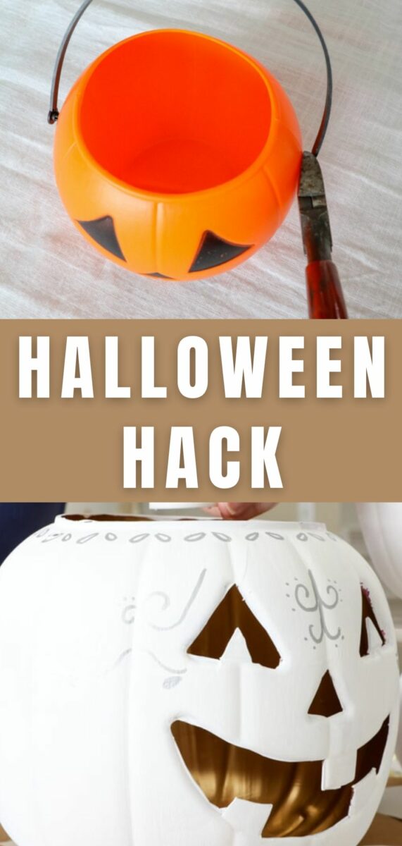 Halloween hack using plastic dollar store pumpkins and paint to make white pumpkins with faces