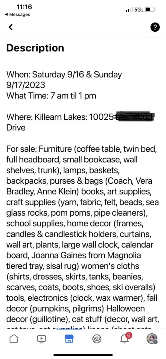Facebook marketplace garage sale listing example