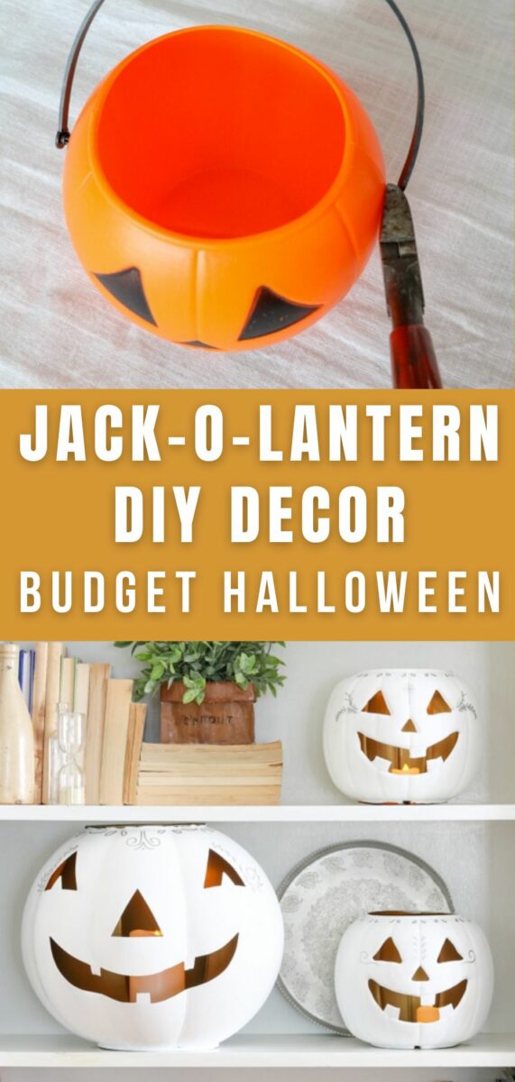 Jack o lantern diy decor budget halloween. How to paint dollar store plastic jack o lanterns to make them into candle holders for Halloween