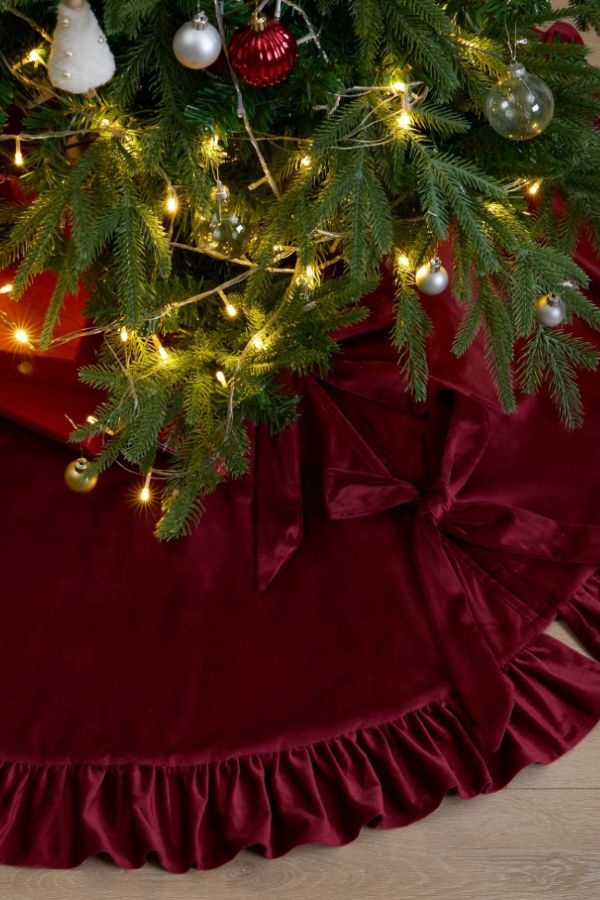 Burguny velvet ruffled Christmas tree skirt with bows