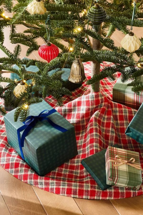 Red and cream woven chunky Christmas tree skirt by Hearth and Hand with Magnolia at Target.