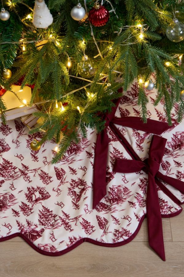Toile scalloped Christmas tree skirt with bows