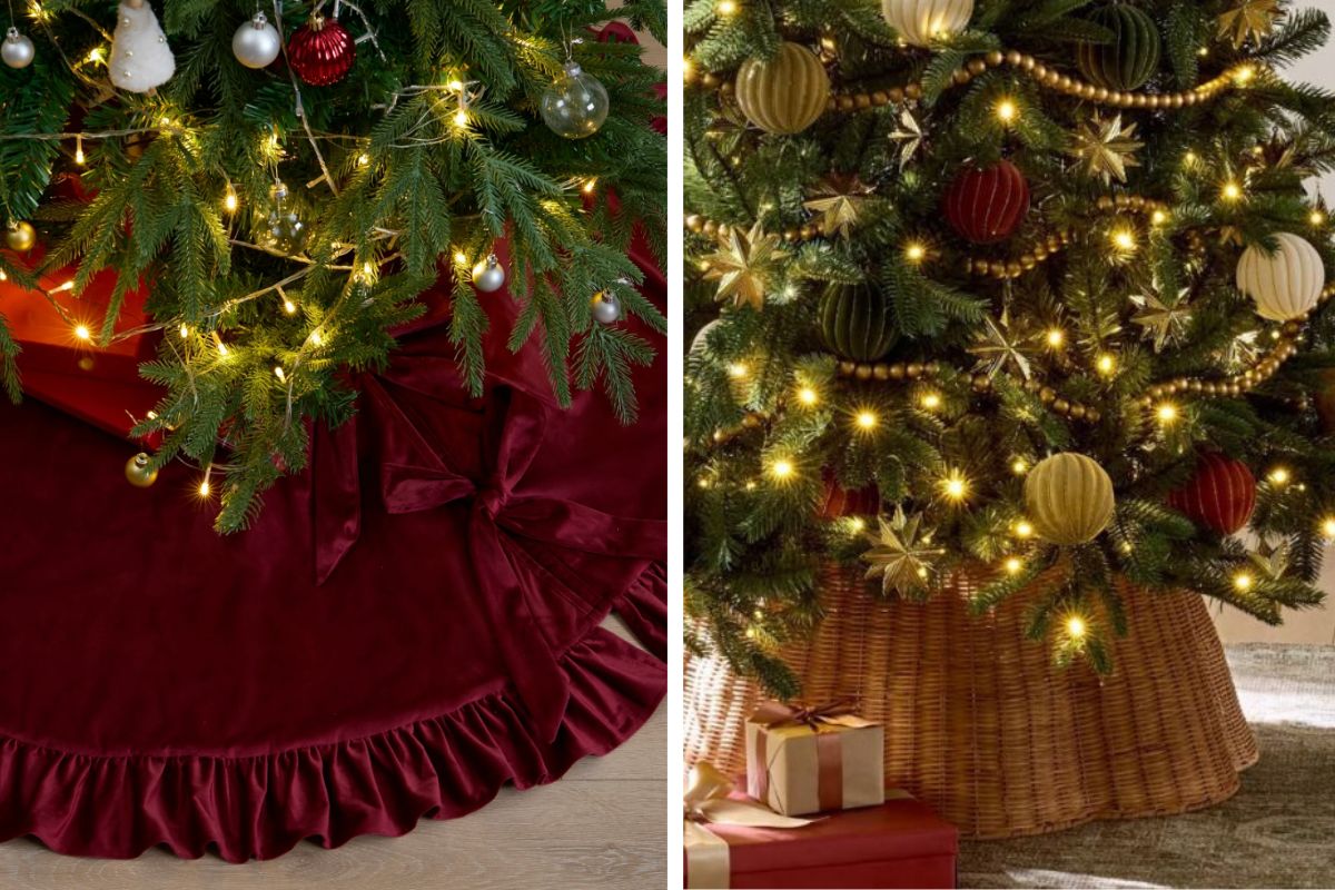 Christmas tree base ideas:  Burgundy velvet ruffled tree skirt and ruffled woven basket collar
