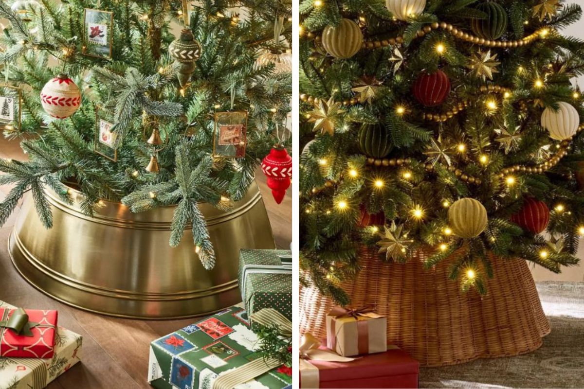 Christmas tree base ideas.  Gold metal collar and ruffled basket collar.