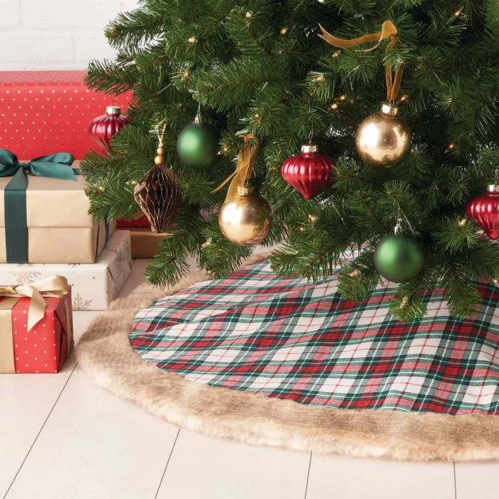 Target plaid Christmas tree skirt with fur edging.