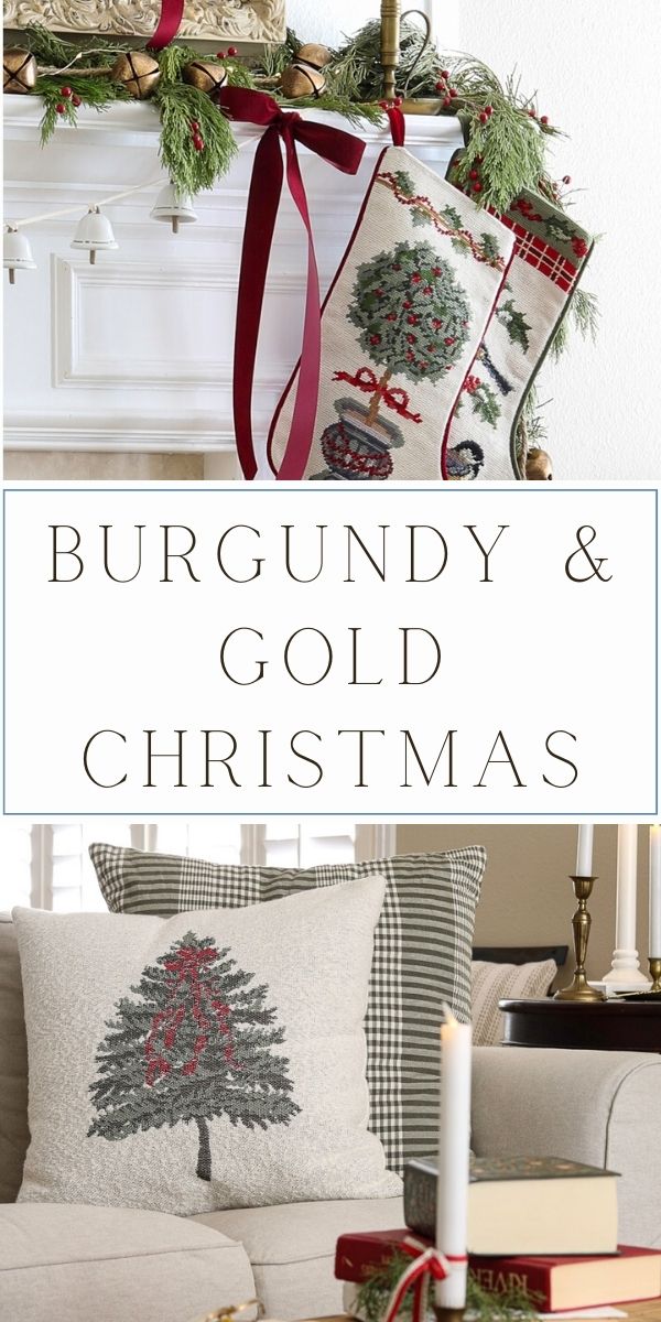 Little Women inspired Christmas decor, burgundy and gold color scheme