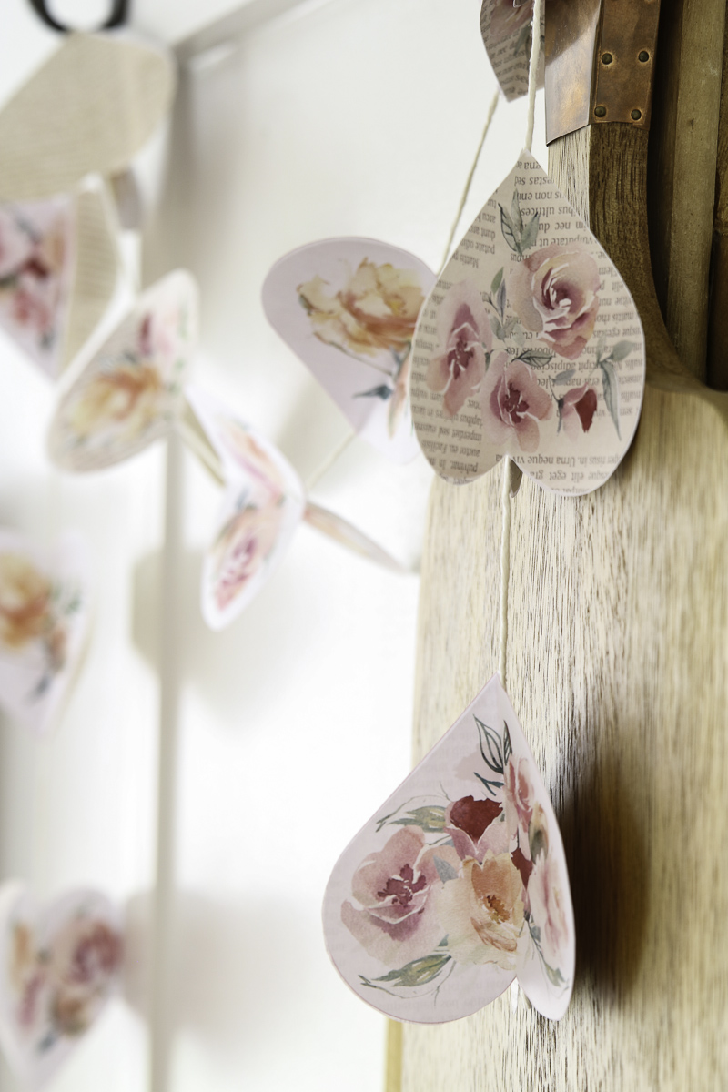 Valentine garland kit of bookpage hearts with watercolor flowers