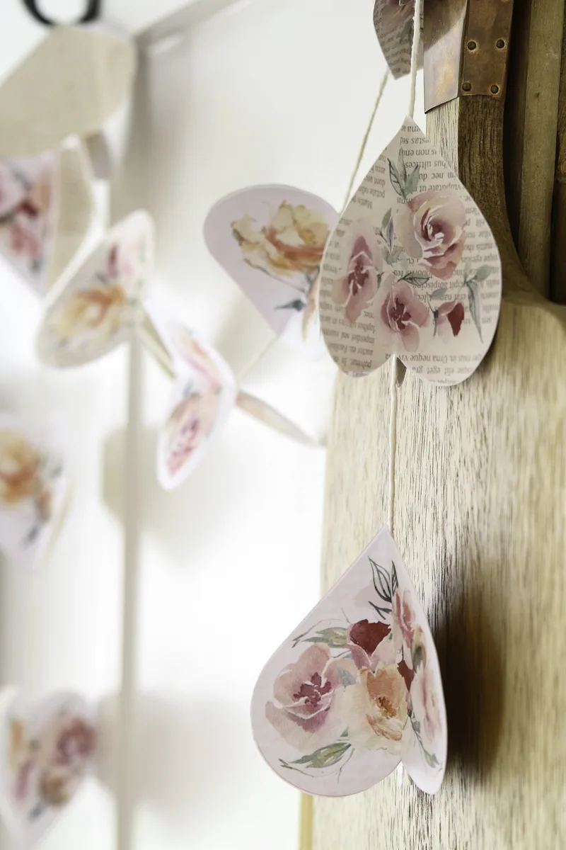 Valentine garland kit of bookpage hearts with watercolor flowers