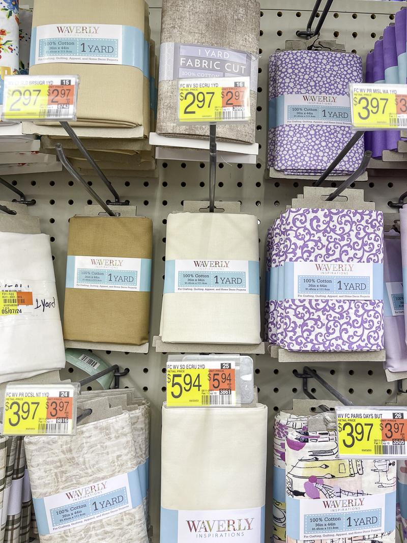 1 yard fabric squares by Waverly at Walmart.  Great for making ribbon from fabric.