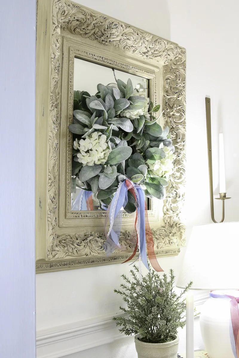 Patriotic wreath lamb ear, white hydrangeas and red, white and blue ribbons.