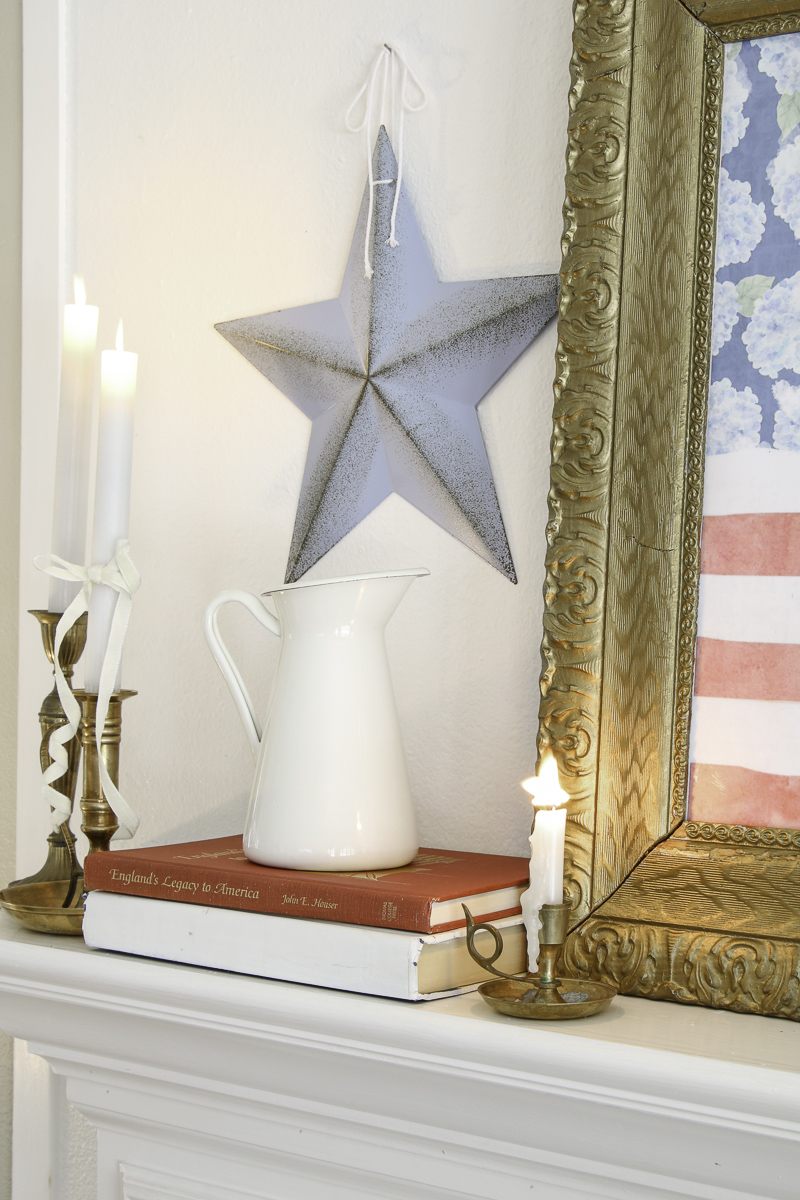 Patriotic mantel decorating using blue stars