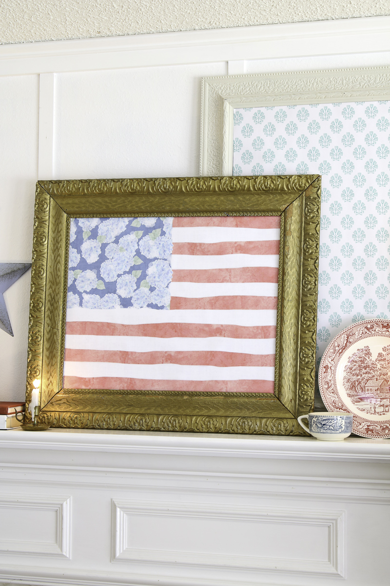 Hydrangea American flag printable art on fireplace mantel