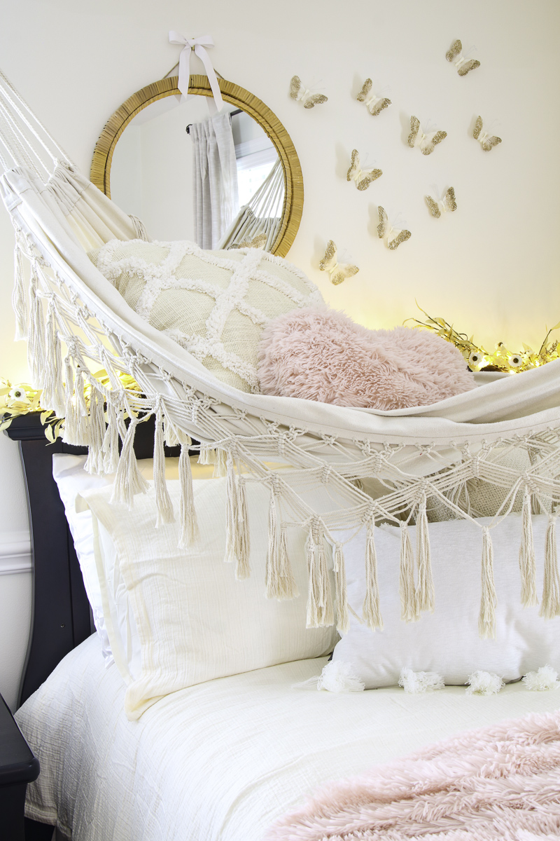 Preteen boho bedroom with hammock over bed