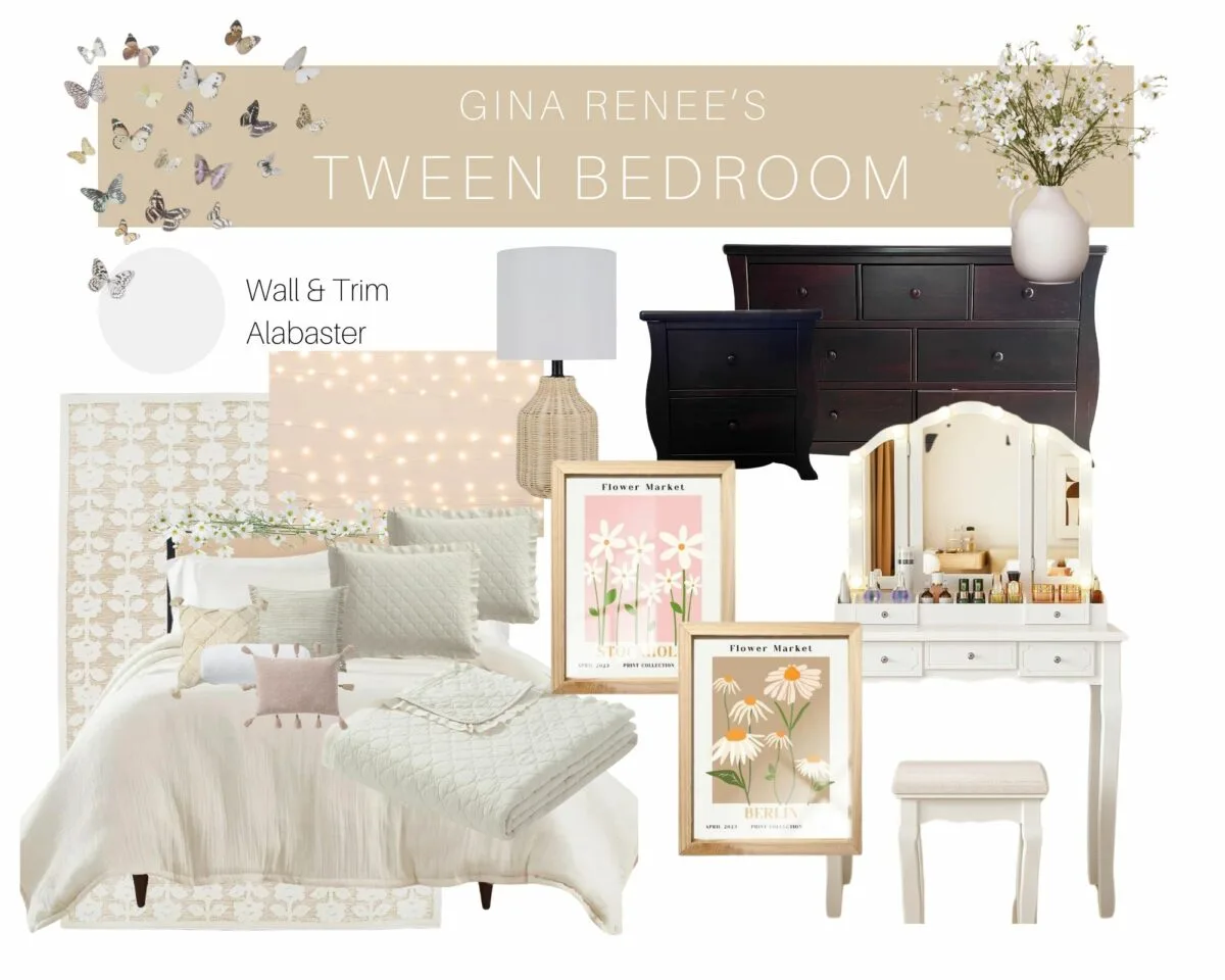 Preteen boho minimalist bedroom mood board design plan