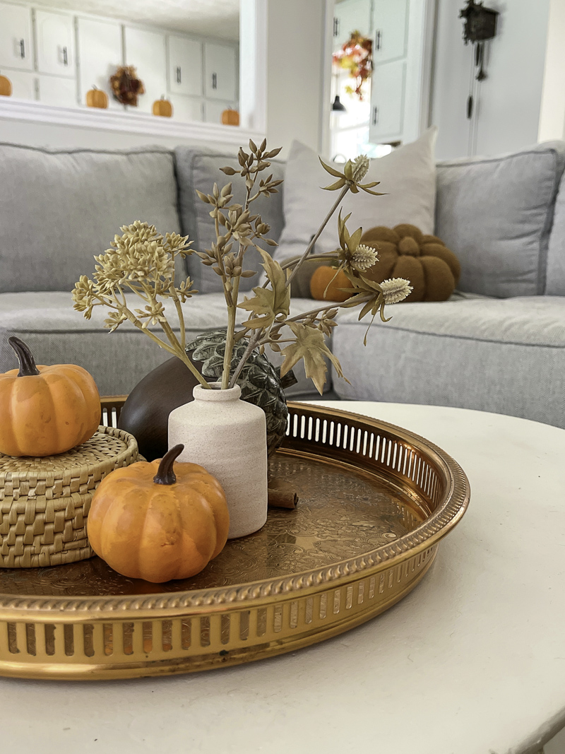 Coffee table autumn decorations using copper and orange colors.