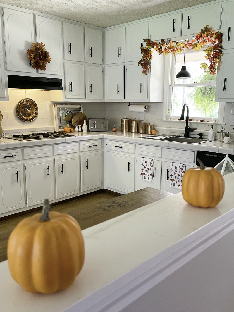 Decorating a kitchen with copper and orange colors.  A autumn leaf garland over the sink.  Autumn leaf wreath over stove and lots of mini pumpkins and copper in the kitchen.