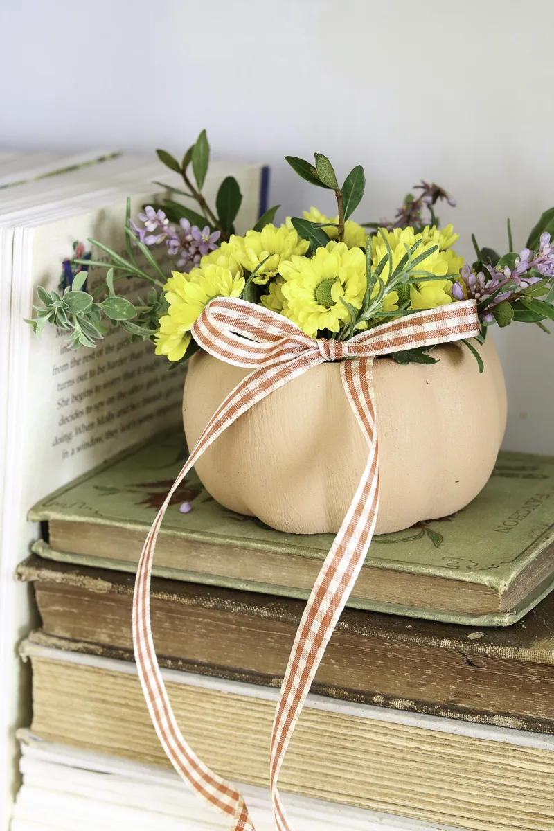 Terracotta pumpkin DIY - pumpkin on bookshelf