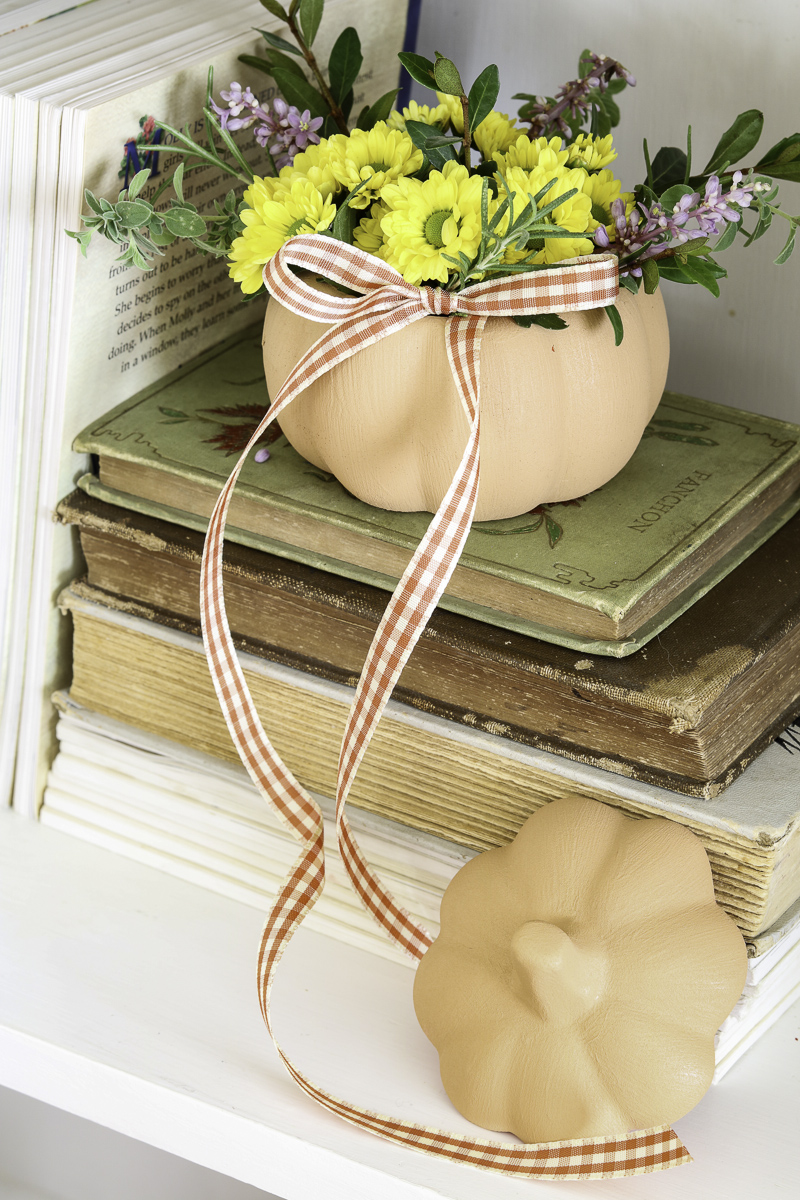 Terracotta pumpkin DIY - pumpkin on bookshelf