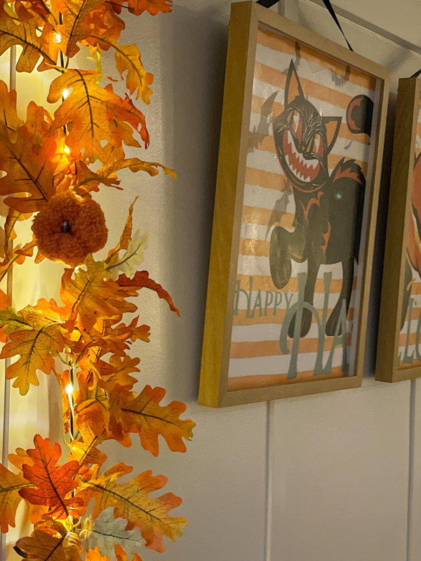 Fall leaf garland with lights for Halloween decorating.