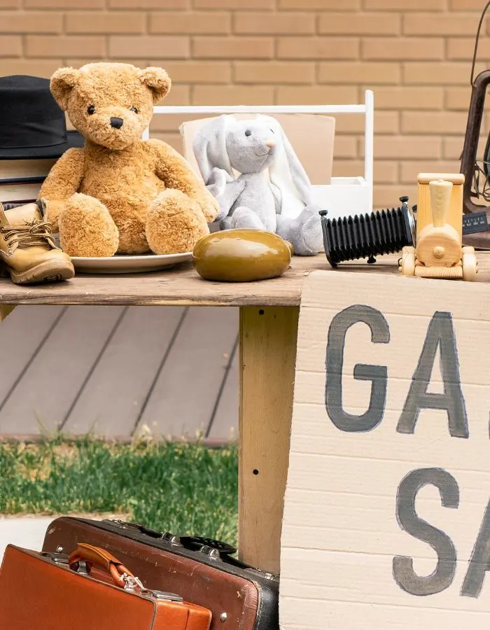 Stuffed animals at a garage sale