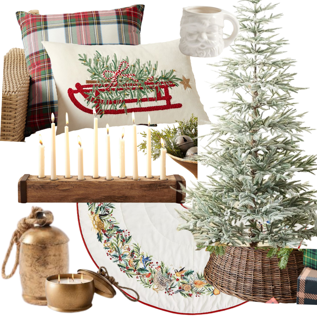 Pottery Barn Christmas Decor 2024: plaid pillows, santa mugs, christmas trees and more.