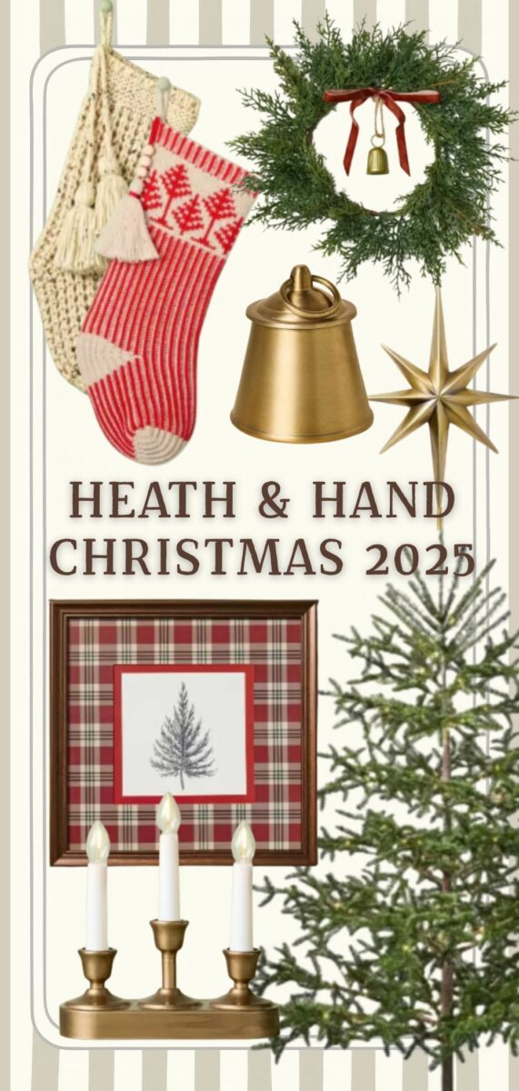 Christmas decor ideas by Hearth and Hand 2025.  Stockings, wreath, candle, Christmas tree and star, country style plaid art, window candles