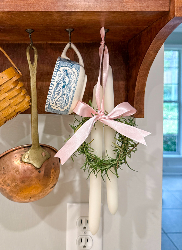 hanging mini rosemary wreath with pink bow