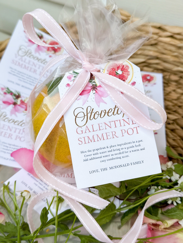 editable Galentine simmer pot gift tags and gift idea