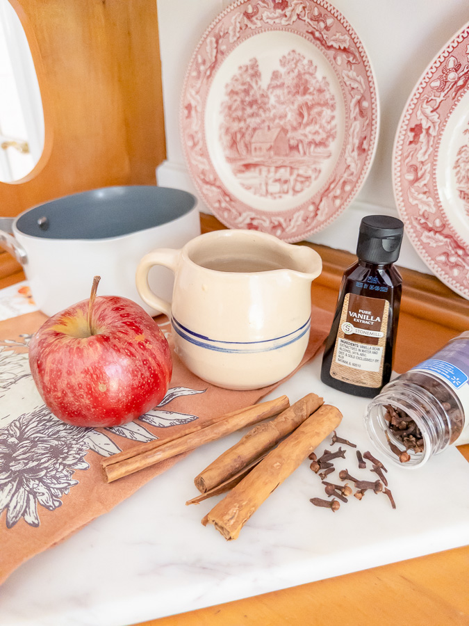 Apple pie simmer pot ingredients.  Apple, cinnamon sticks, whole clove, vanilla, water and a pot.