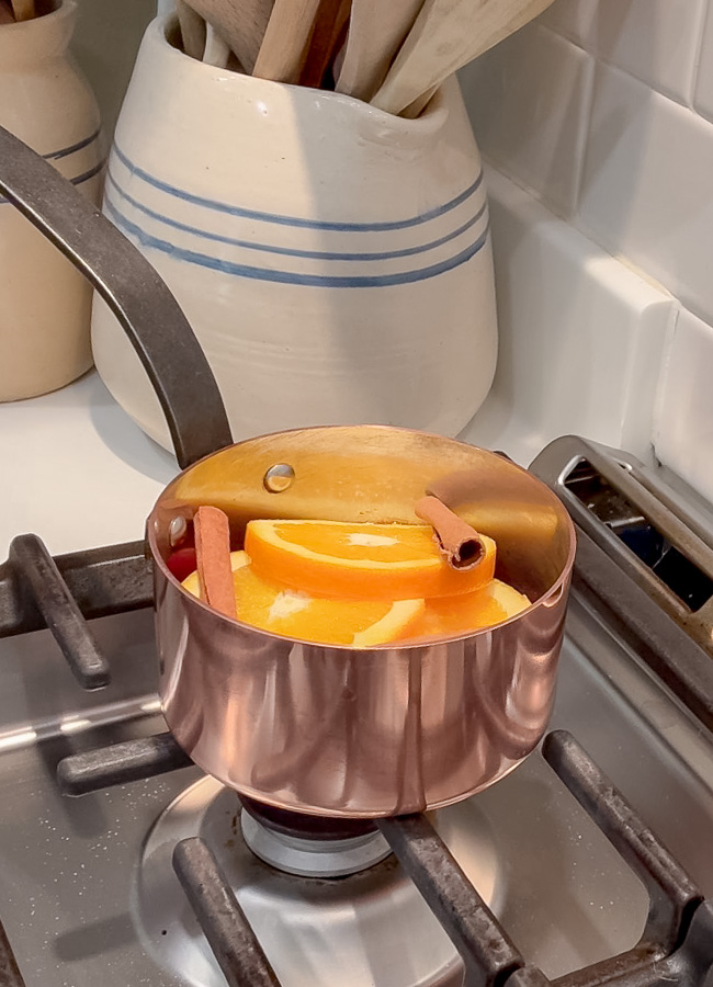 Adding spices to orange cranberry simmer pot