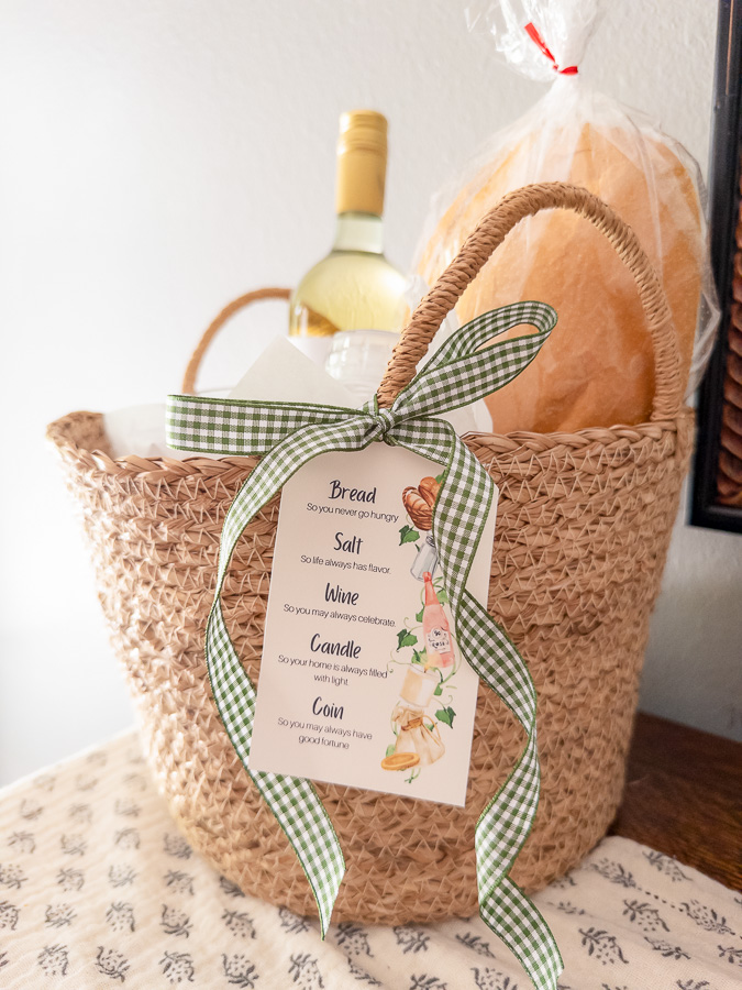 Traditional house blessing gift basket with printable tag for new homeowners