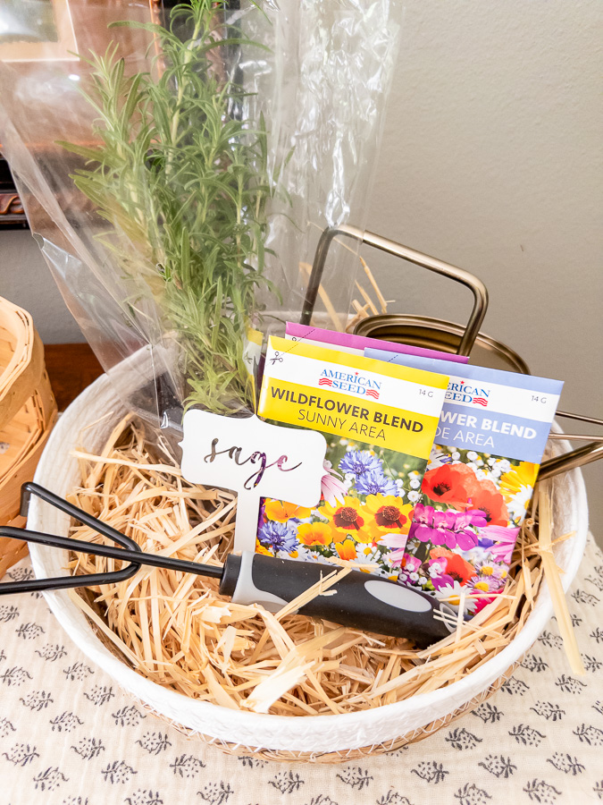 DIY garden gift basket idea for new neighbors with tools and plants