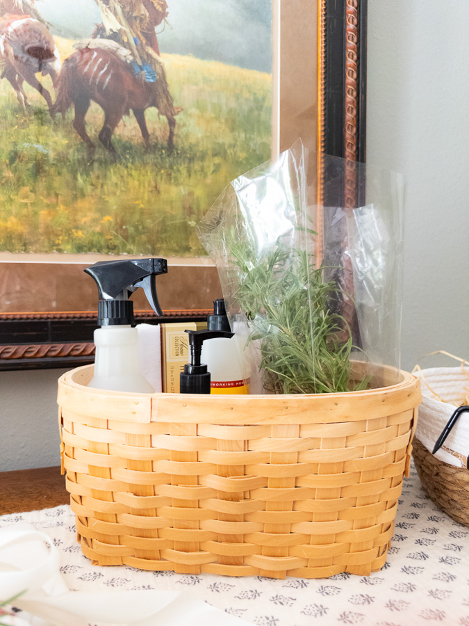 Housewarming Gift Basket Ideas.  Cleaning gift basket idea.  Basket filled with Meyers cleaning products, microfiber cloths and a rosemary plant.