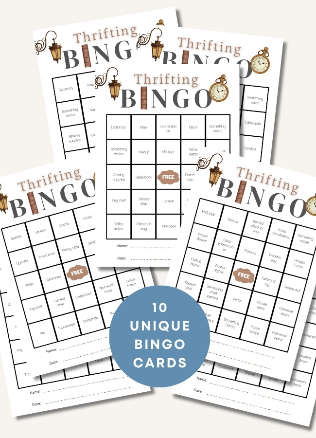 Mockup of Thrifting Bingo cards with a button on the bottom that says 10 unique bingo cards