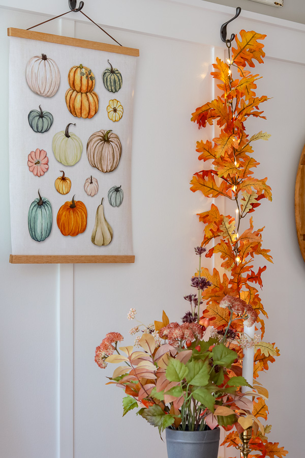 Pumpkin collage printable art and autumn leaf garland lighted