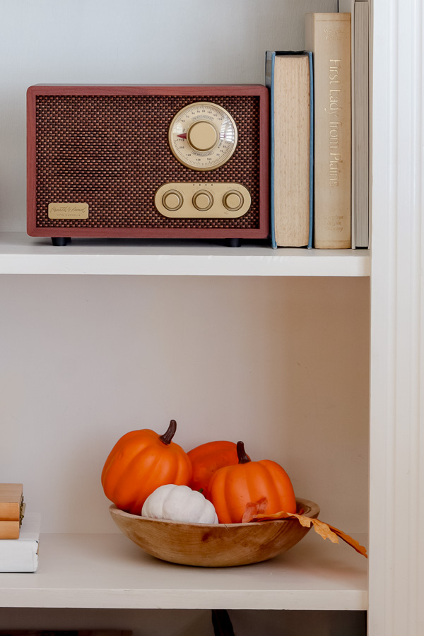 Wood dough bowl with mini pumpkins