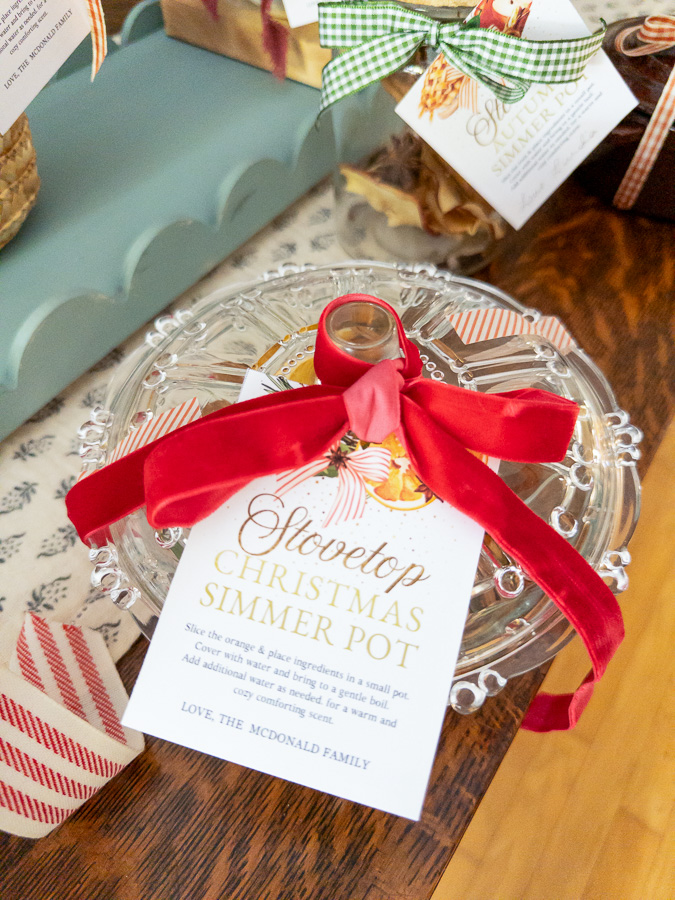 Thrifted candy dish simmer pot gift with Christmas potpourri and festive ribbon