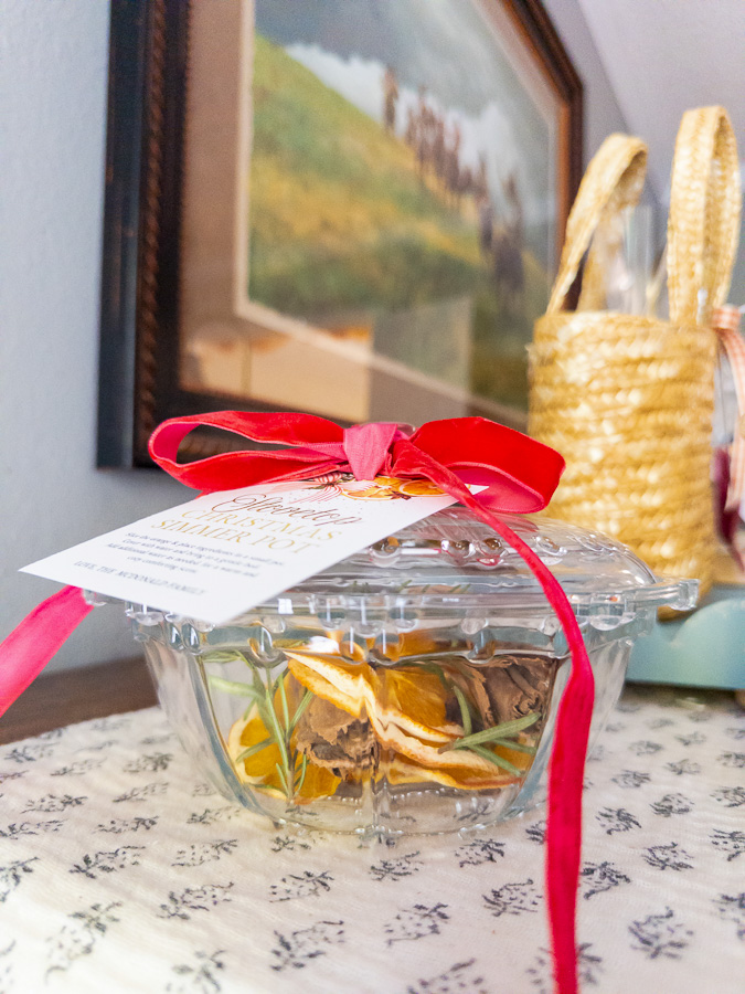 Thrifted candy dish simmer pot gift with Christmas potpourri and festive ribbon