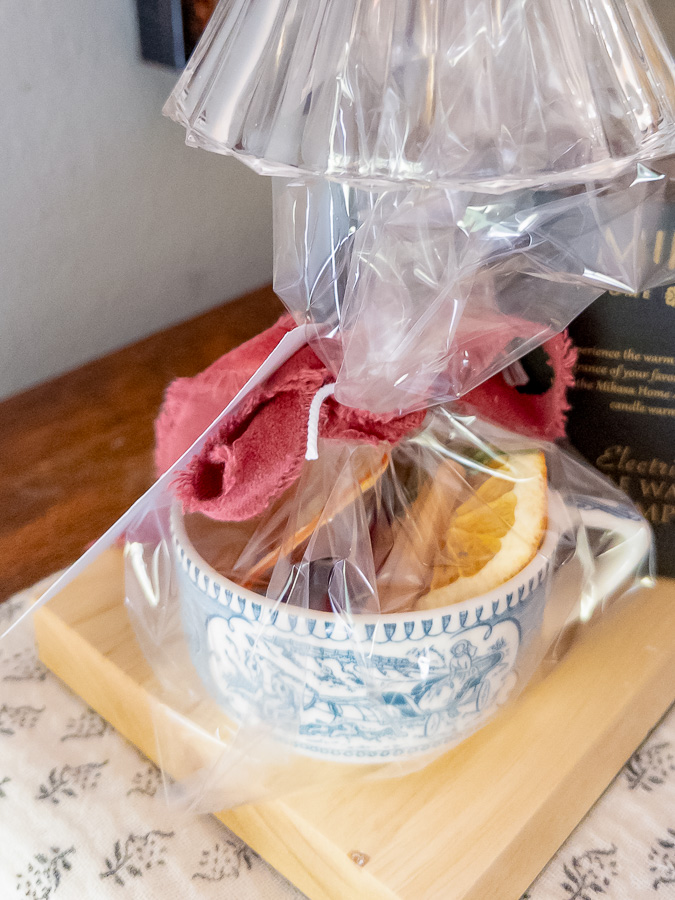 Candle warmer with vintage teacup filled with simmer pot DIY gift