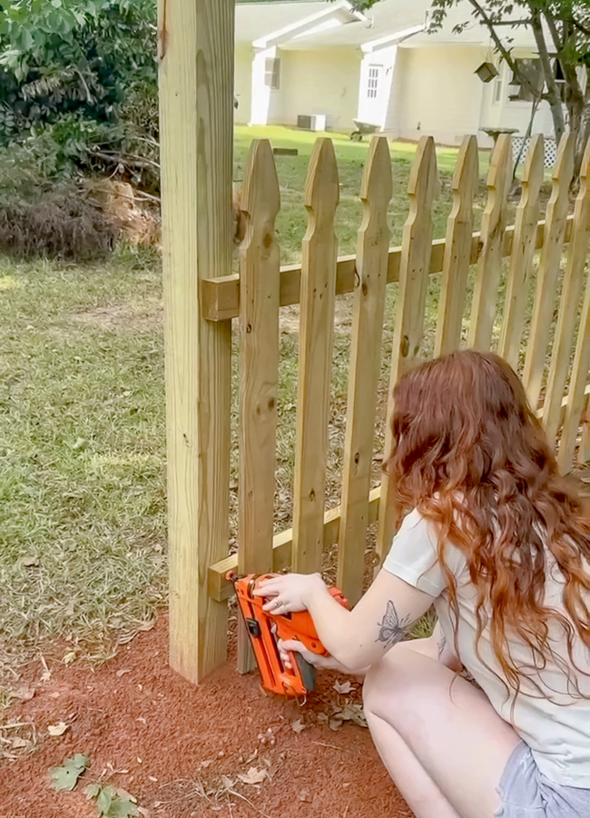 Attaching picket fence with nail gun