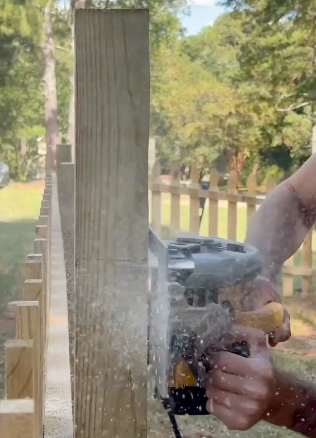 Sawing off tops of 4 x 4 with circular saw