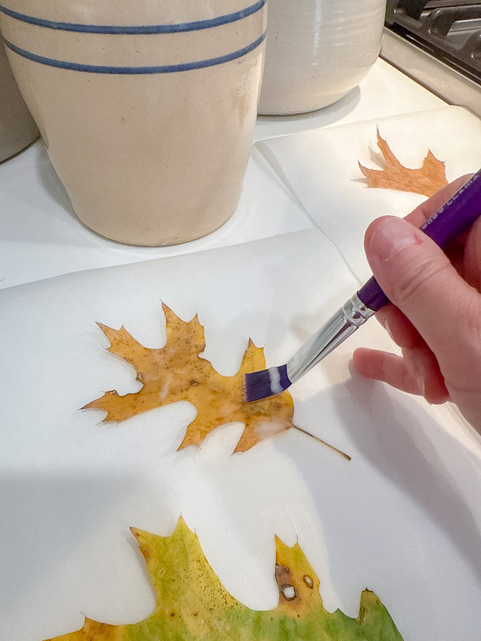 Painting beeswax onto a fall leaf