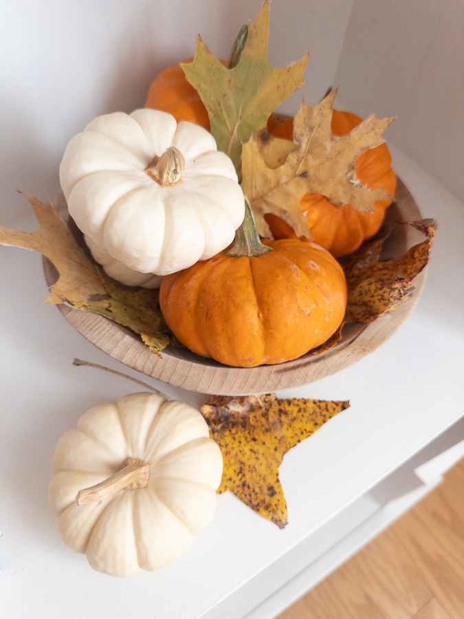 Wax preserved leaves in a wood bowl with real mini pumpkins.